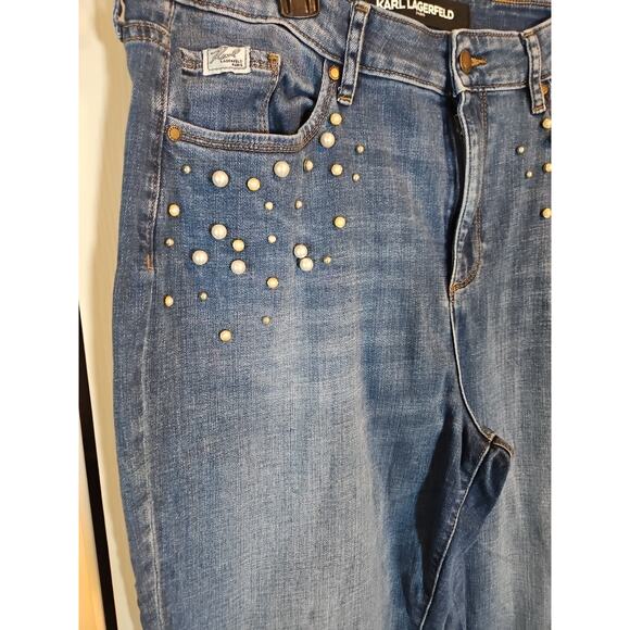 Karl Lagerfeld ParisFaux Pearl Embellished Cropped Jeans Sz 14 - Picture 2 of 9